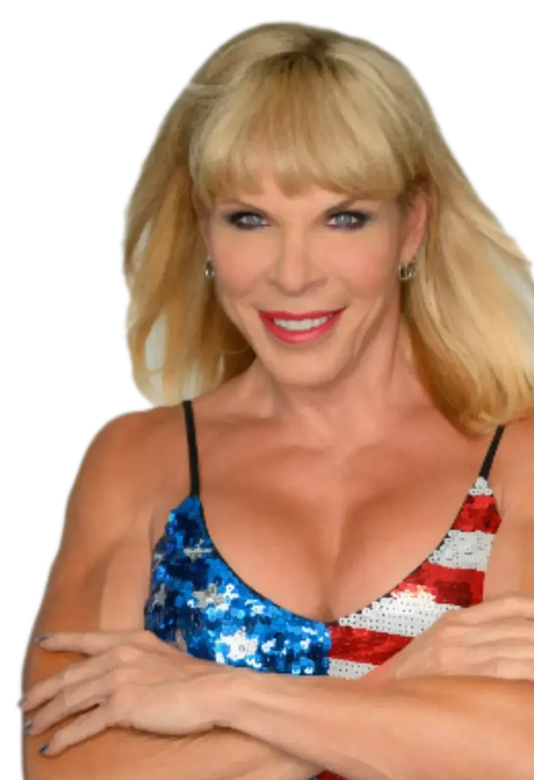 Lauren Powers, arms crossed, in a stars and stripes sequin dress